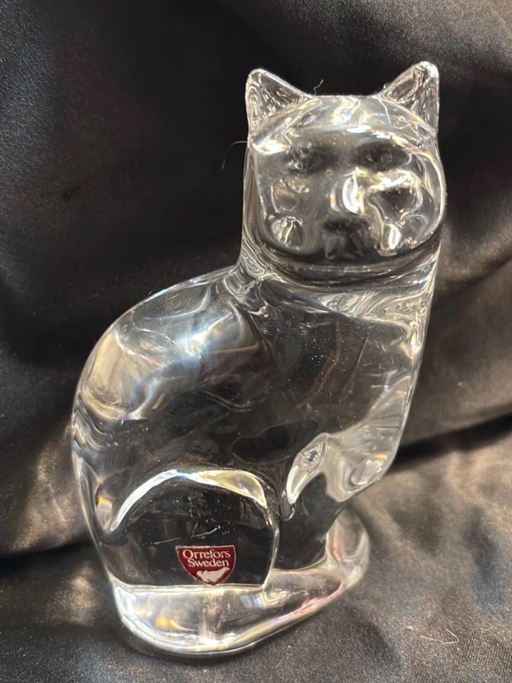 Orrefors Crystal Figurine Seated Cat Sculpture 5" Signed Sweden 1990s